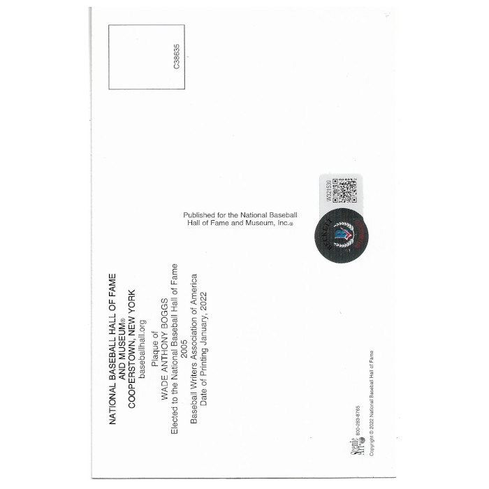 Wade Boggs Autographed Hall of Fame Plaque Postcard (Beckett)