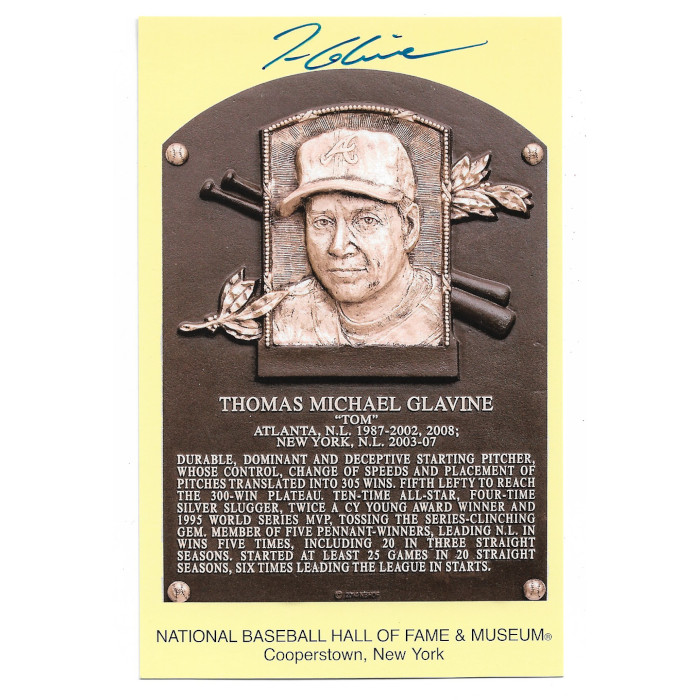 Tom Glavine Autographed Hall of Fame Plaque Postcard (JSA)