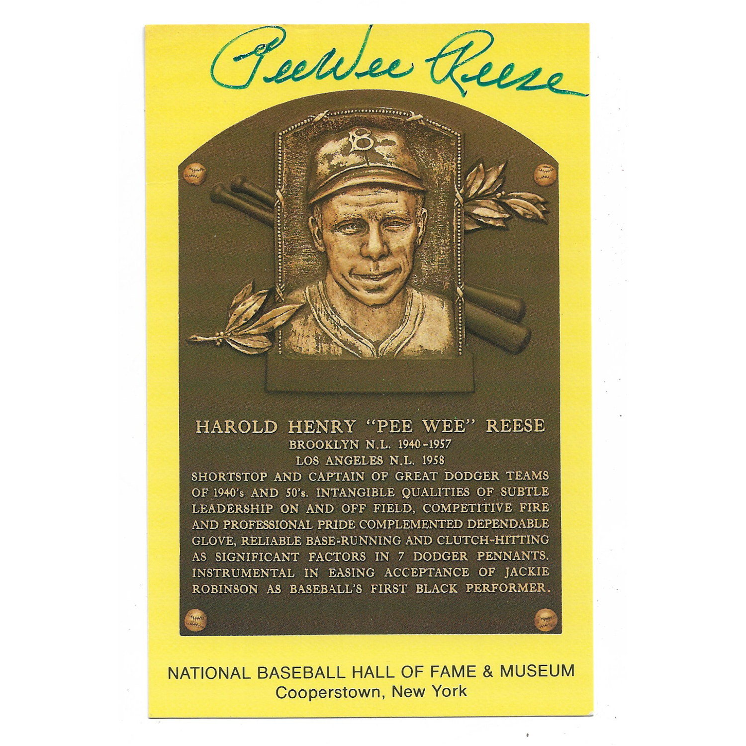 Pee Wee Reese Autographed Hall of Fame Plaque Postcard (JSA-38)