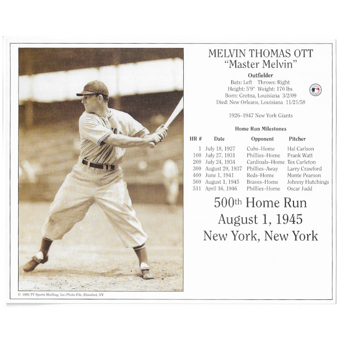 Mel Ott New York Giants 500th Home Run 8x10 Photocard Mel Ott New York Giants 500th Home Run 8x10 Photocard