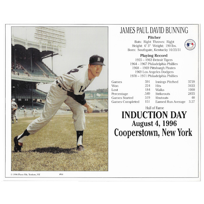 Jim Bunning Detroit Tigers 1996 Hall of Fame Induction 8x10 Photocard