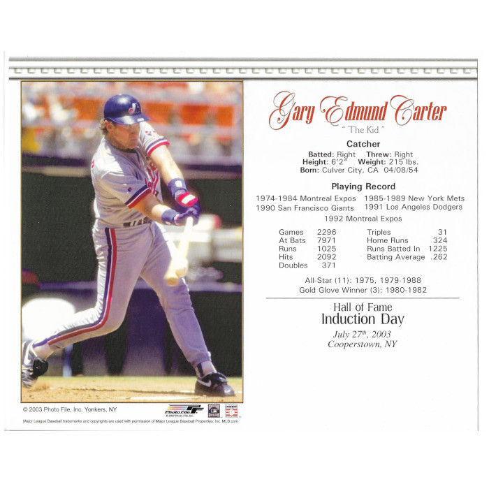 Gary Carter Montreal Expos 2003 Hall of Fame Induction 8x10 Photocard