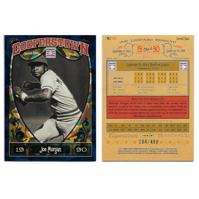 Joe Morgan 2013 Panini Cooperstown Blue Crystal # 85 Ltd Ed of 499 Joe Morgan 2013 Panini Cooperstown Blue Crystal # 85 Ltd Ed of 499