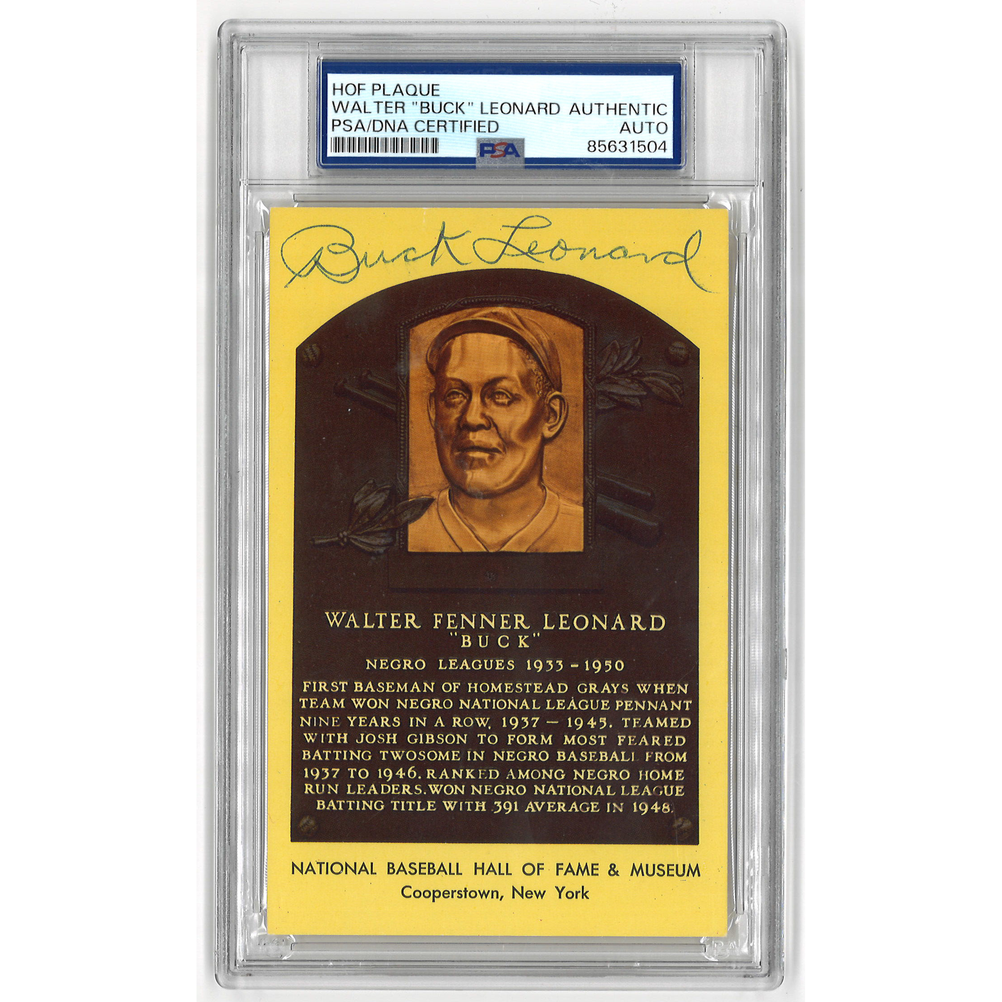 Buck Leonard Autographed Hall of Fame Plaque Postcard (PSA-04)
