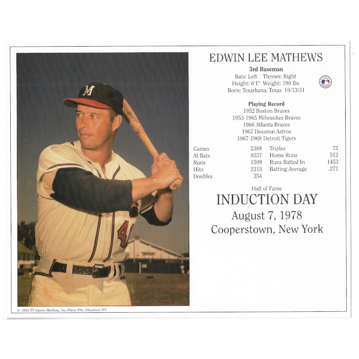 Eddie Mathews Milwaukee Braves 1978 Hall of Fame Induction 8x10 Photocard