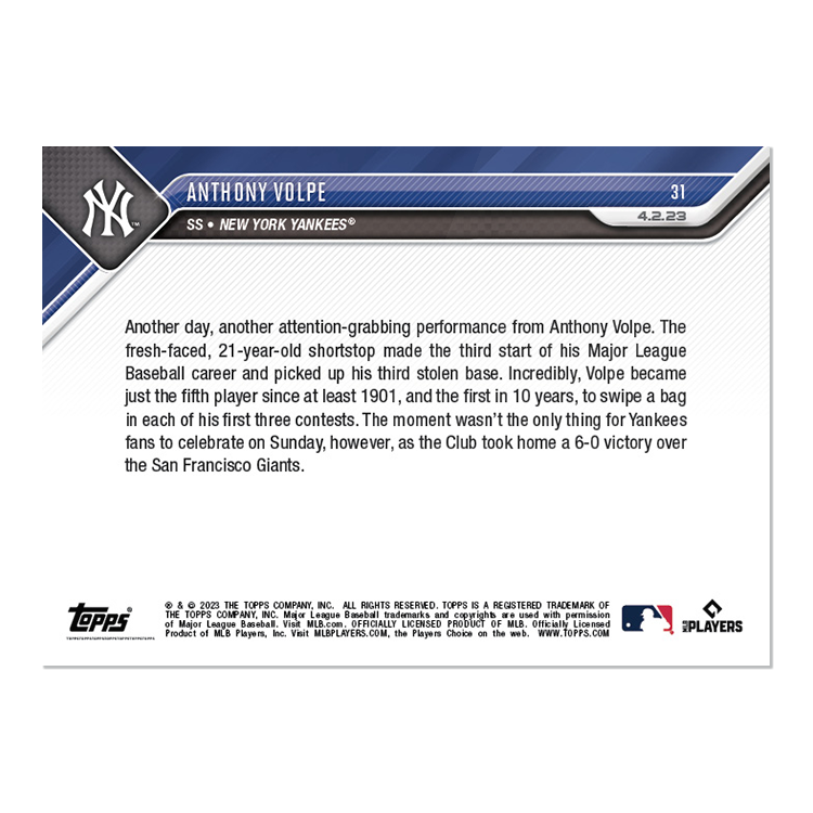 Anthony Volpe New York Yankees 2023 Topps Now # 31 Rookie Card