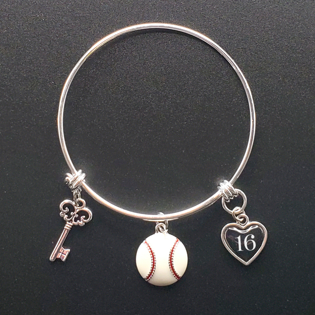 Key To My Heart Baseball Adjustable Bangle with Jersey # 16 Key To My Heart Baseball Adjustable Bangle with Jersey # 16
