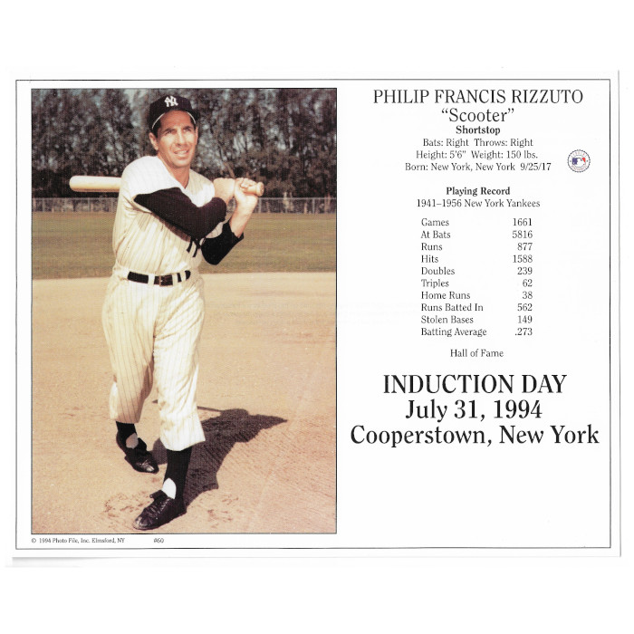 Phil Rizzuto New York Yankees 1994 Hall of Fame Induction 8x10 Photocard (batting)