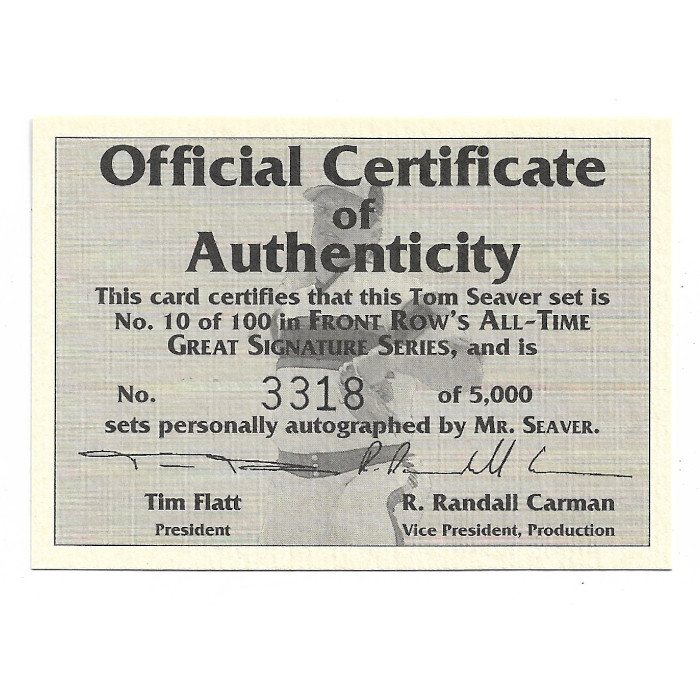 Tom Seaver Autographed Card 1992 Front Row The All-Time Great Series - Set of 5 Cards