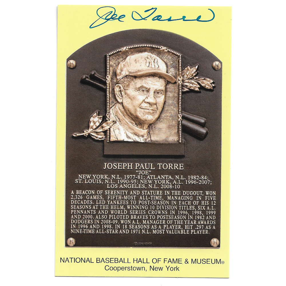 Joe Torre Autographed Hall of Fame Plaque Postcard (Beckett) Joe Torre Autographed Hall of Fame Plaque Postcard (Beckett)