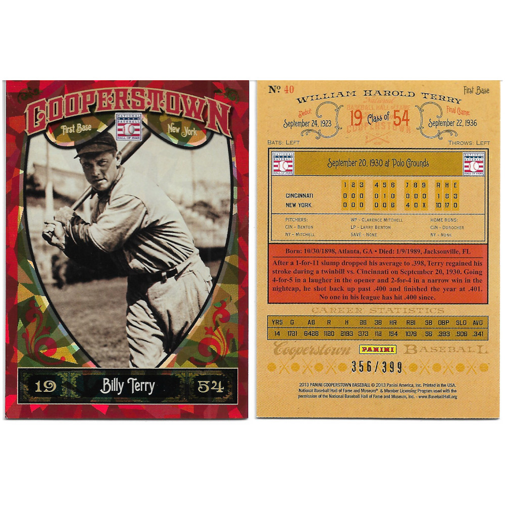 Bill Terry 2013 Panini Cooperstown Red Crystal Collection # 40 Baseball Card Ltd Ed of 399 Bill Terry 2013 Panini Cooperstown Red Crystal Collection # 40 Baseball Card Ltd Ed of 399