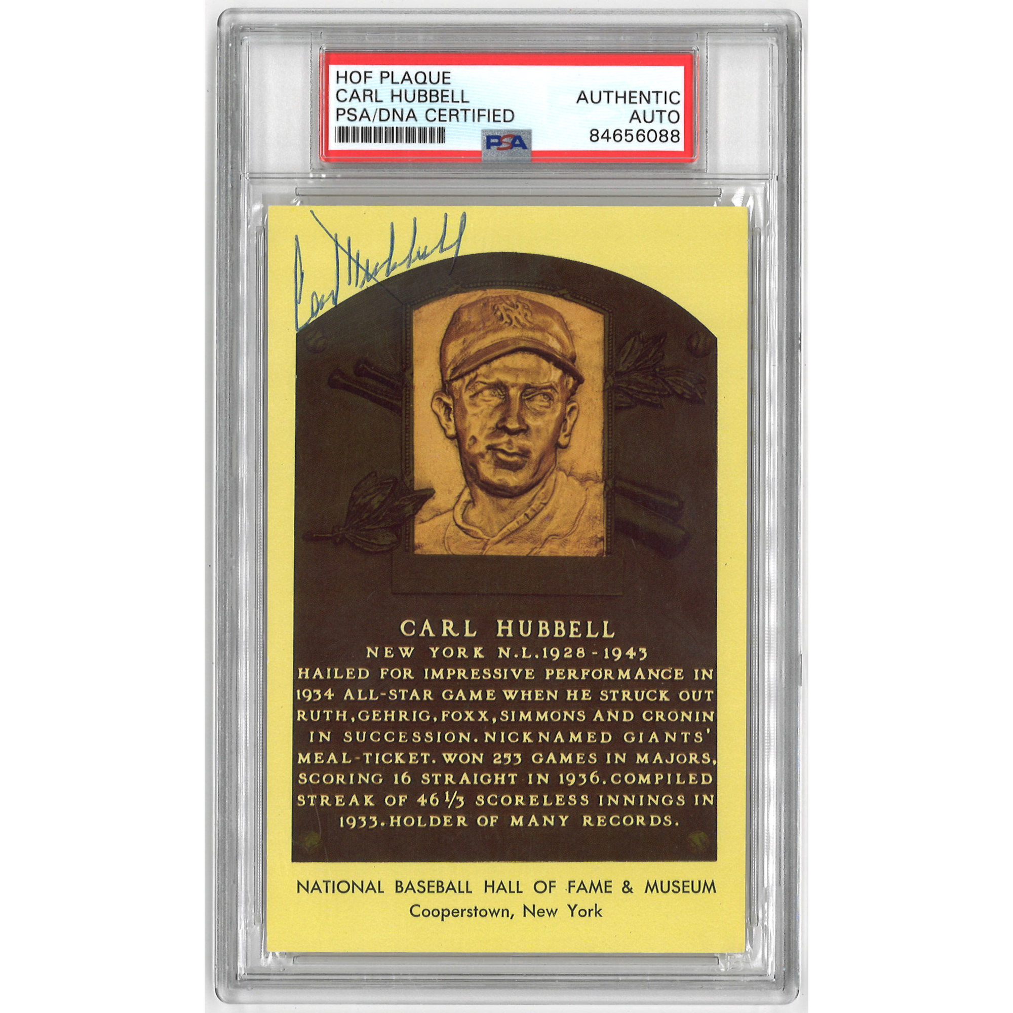 Carl Hubbell Autographed Hall of Fame Plaque Postcard (PSA-88)