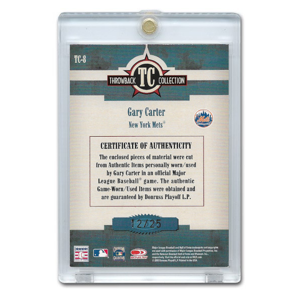 Gary Carter Autographed Card 2005 Donruss Threads Throwback Collection Double Relic # 8 Ltd Ed of 25