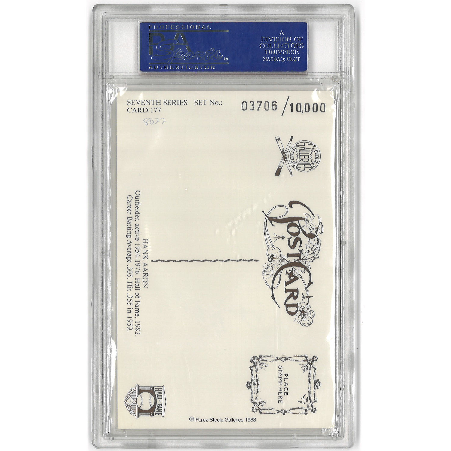 Hank Aaron Autographed Perez-Steele HOF Series Postcard # 177 (PSA-04)