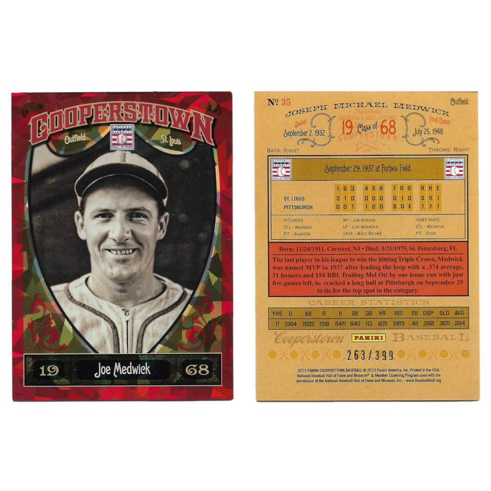 Joe Medwick 2013 Panini Cooperstown Red Crystal Collection # 35 Baseball Card Ltd Ed of 399