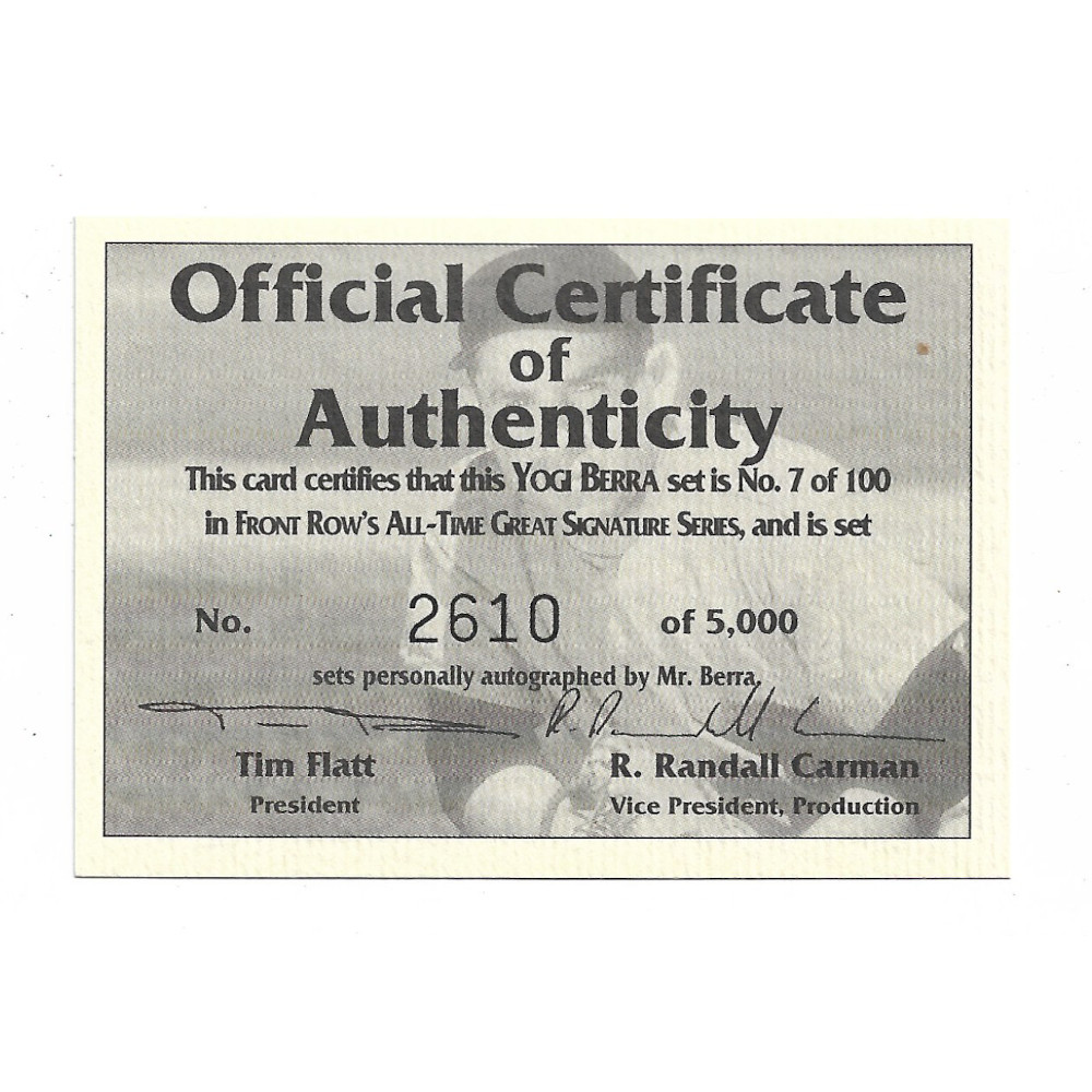 Yogi Berra Autographed Card 1992 Front Row The All-Time Great Series