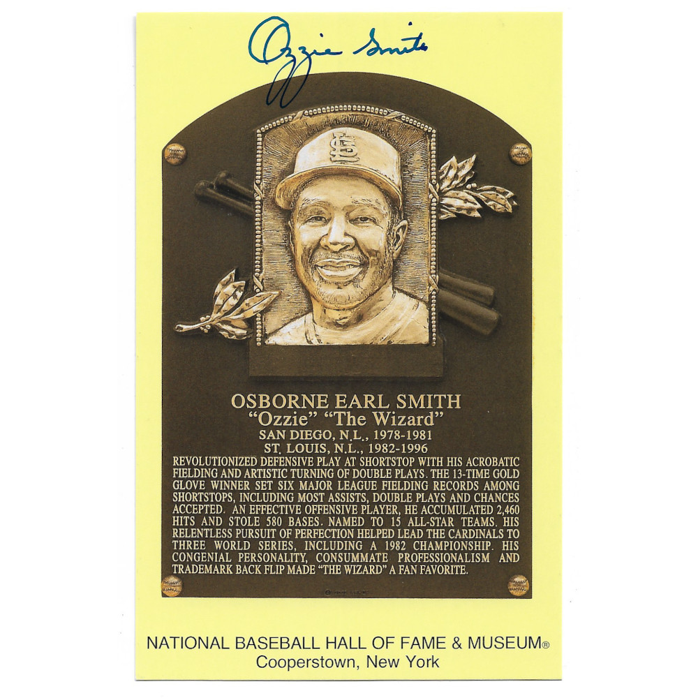 Ozzie Smith Autographed Hall of Fame Plaque Postcard (Fanatics) Ozzie Smith Autographed Hall of Fame Plaque Postcard (Fanatics)