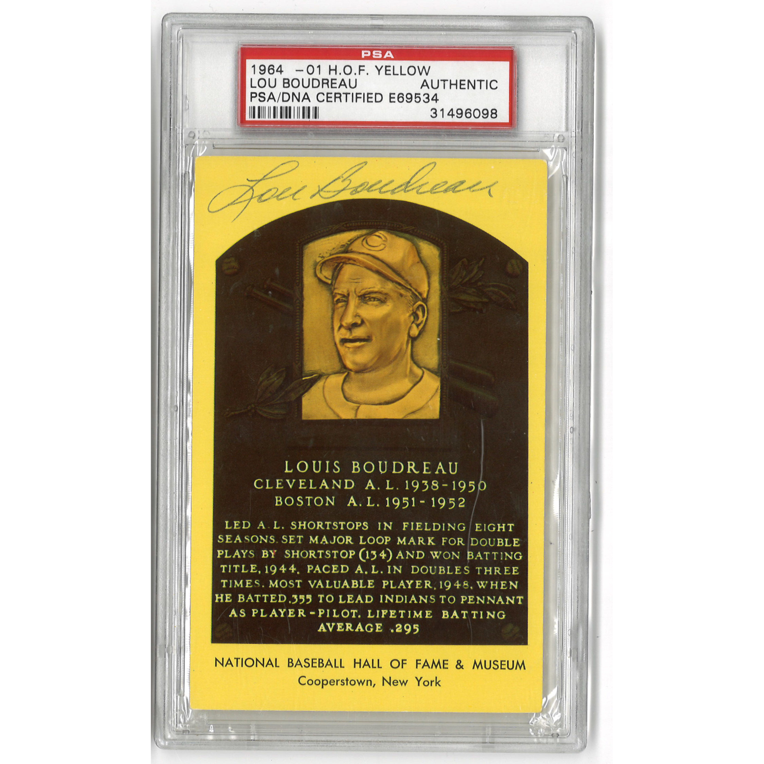 Lou Boudreau Autographed Hall of Fame Plaque Postcard (PSA-98)