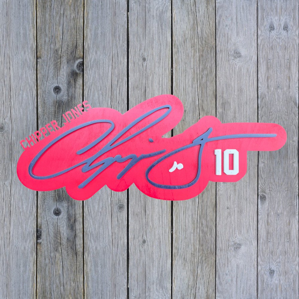 Chipper Jones 3D Signature 20 x 8 Red Wood Wall Sign with Number