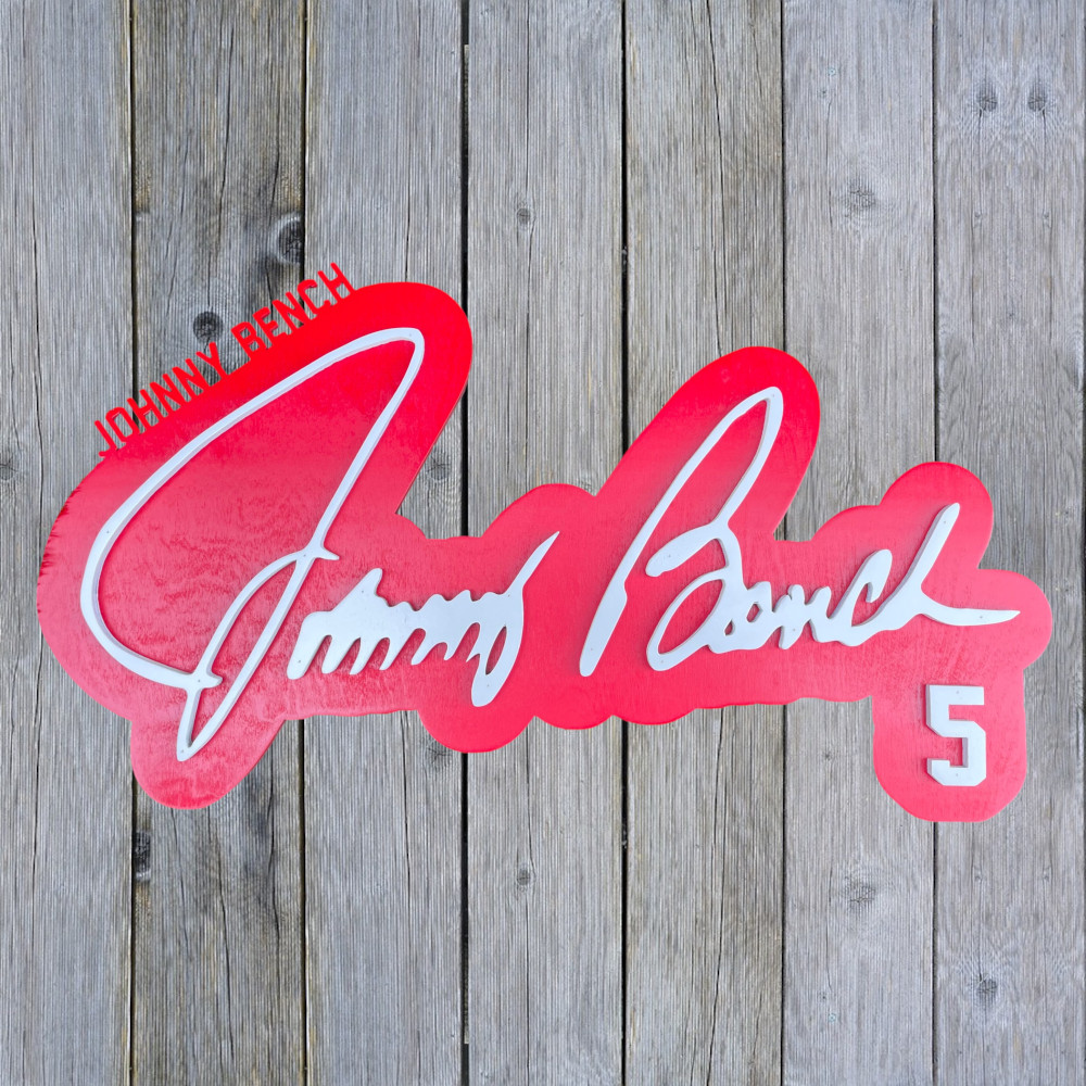 Johnny Bench 3D Signature Red with White 20 x 12 Wood Wall Sign with  Number