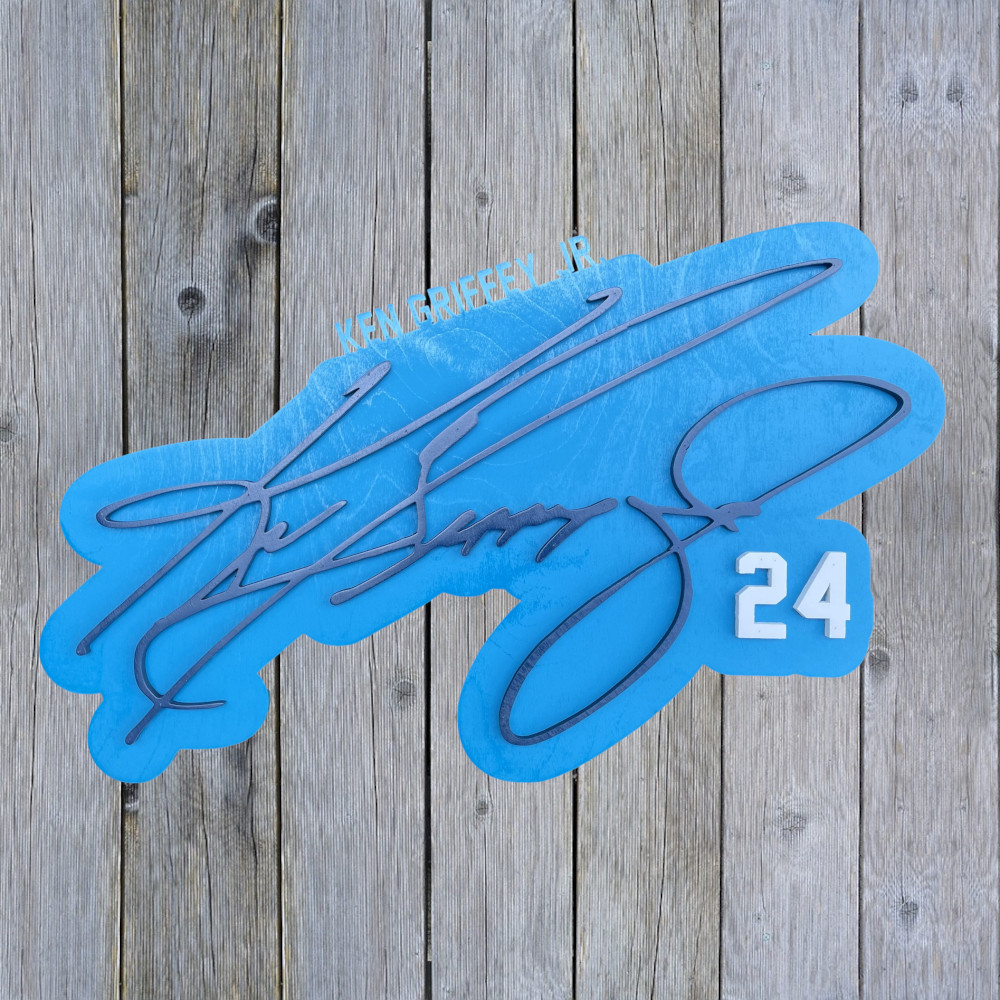 Ken Griffey Jr. 3D Signature 19 x 18 Teal with Navy Wood Wall Sign with Number