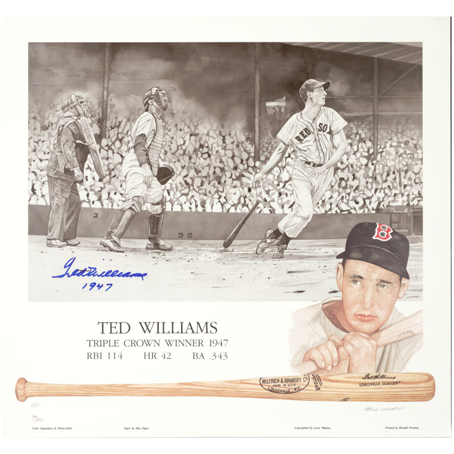 Ted Williams Autographed 1947 Triple Crown 25 x 23.5 Lithograph Artist Proof by Lewis Watkins (JSA Letter)