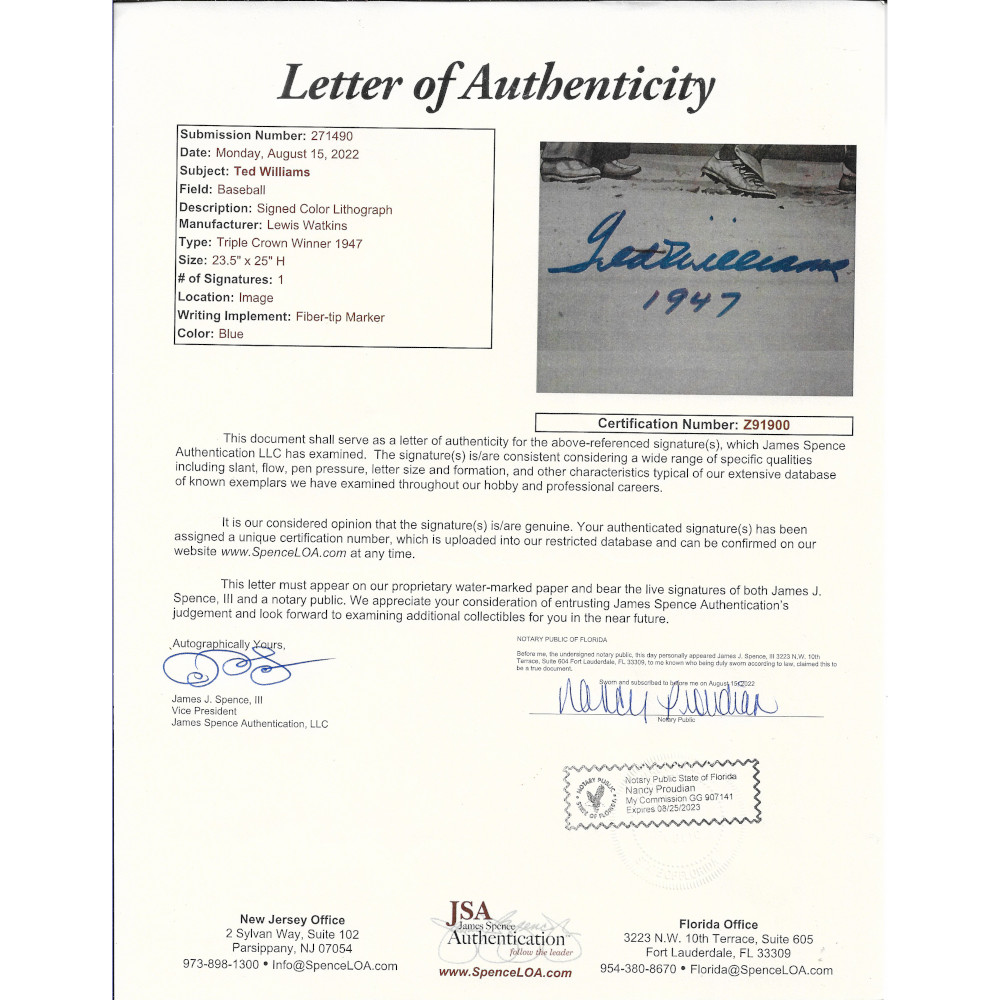 Ted Williams Autographed 1947 Triple Crown 25 x 23.5 Lithograph Artist Proof by Lewis Watkins (JSA Letter)