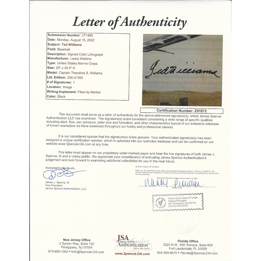 Ted Williams Autographed A Time To Serve 30.5 x 25 Lithograph by Lewis Watkins (JSA Letter) Ted Williams Autographed A Time To Serve 30.5 x 25 Lithograph by Lewis Watkins (JSA Letter)