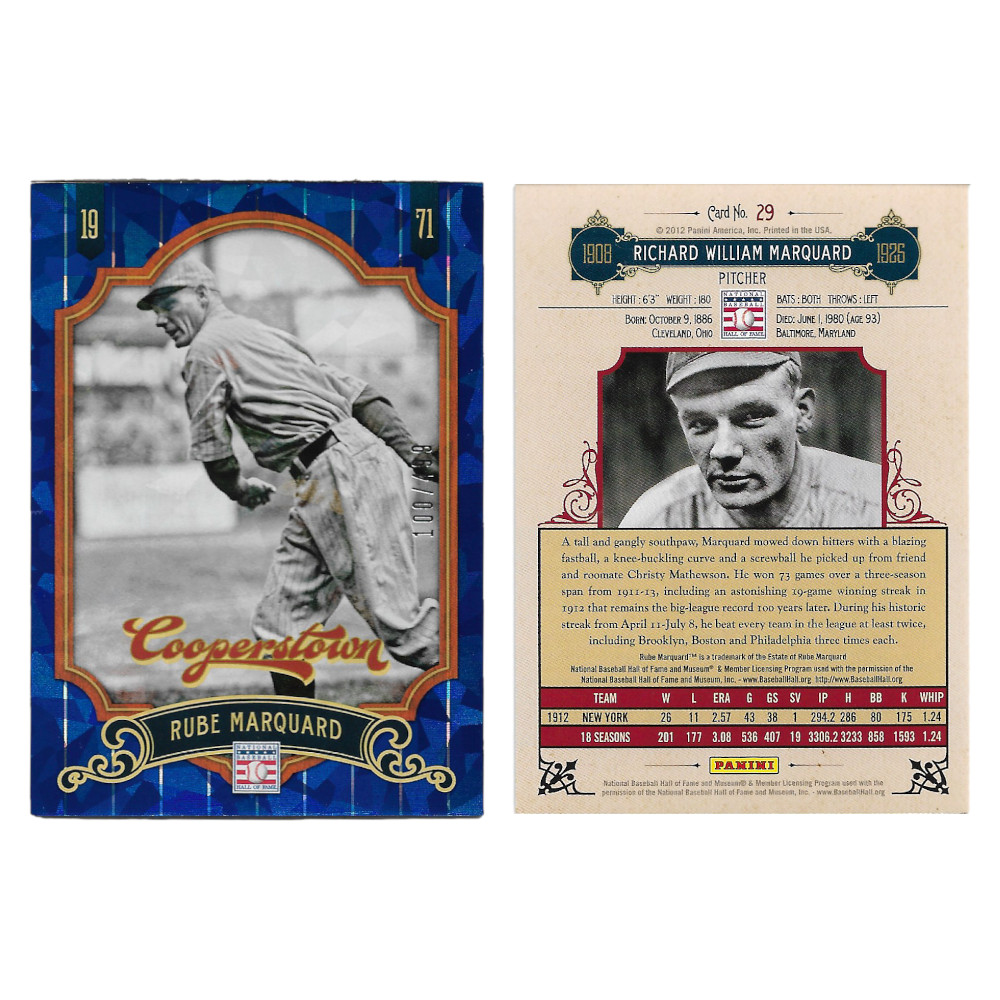 Rube Marquard 2012 Panini Cooperstown Blue Crystal Collection # 29 Baseball Card Ltd Ed of 499