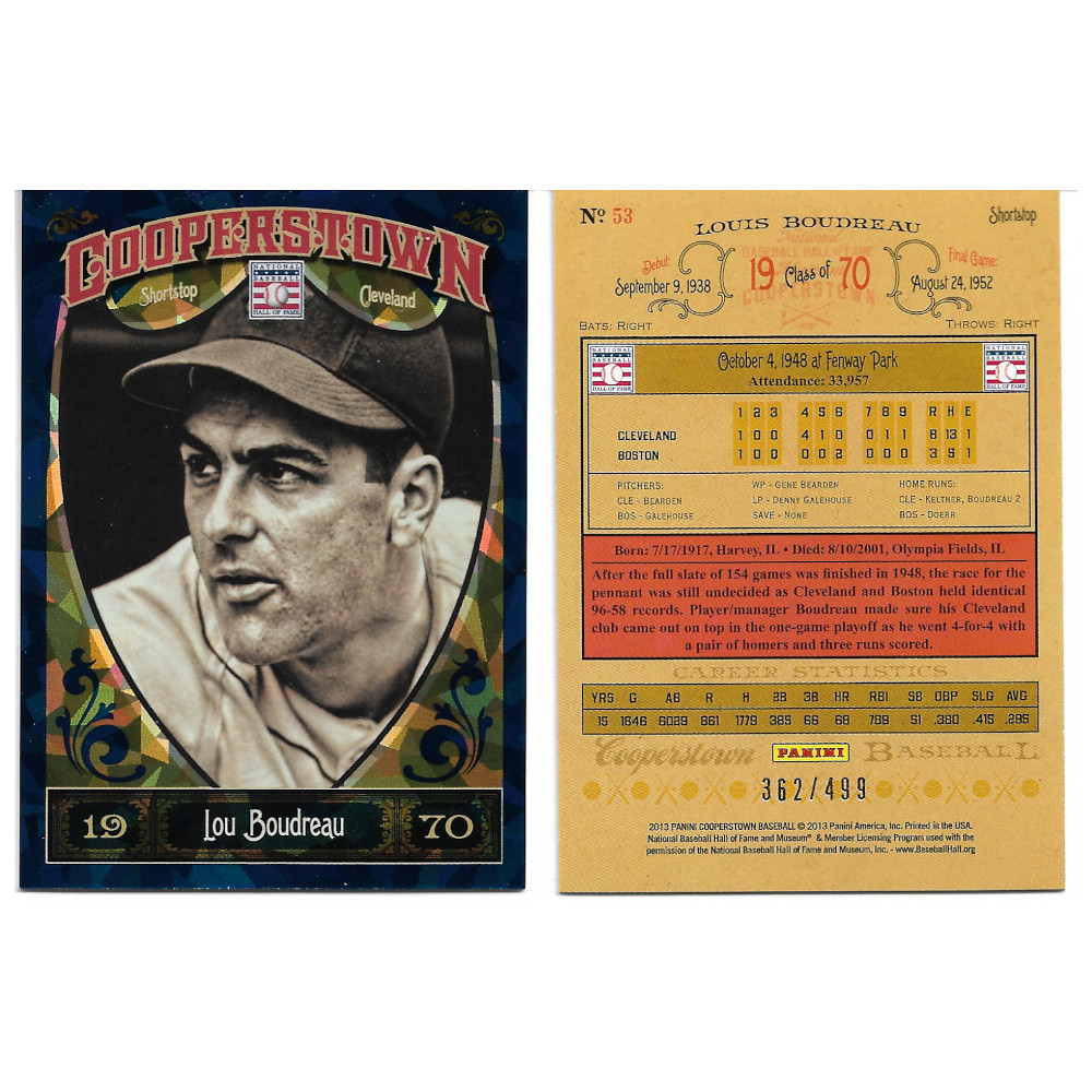Lou Boudreau 2013 Panini Cooperstown Blue Crystal # 53 Ltd Ed of 499