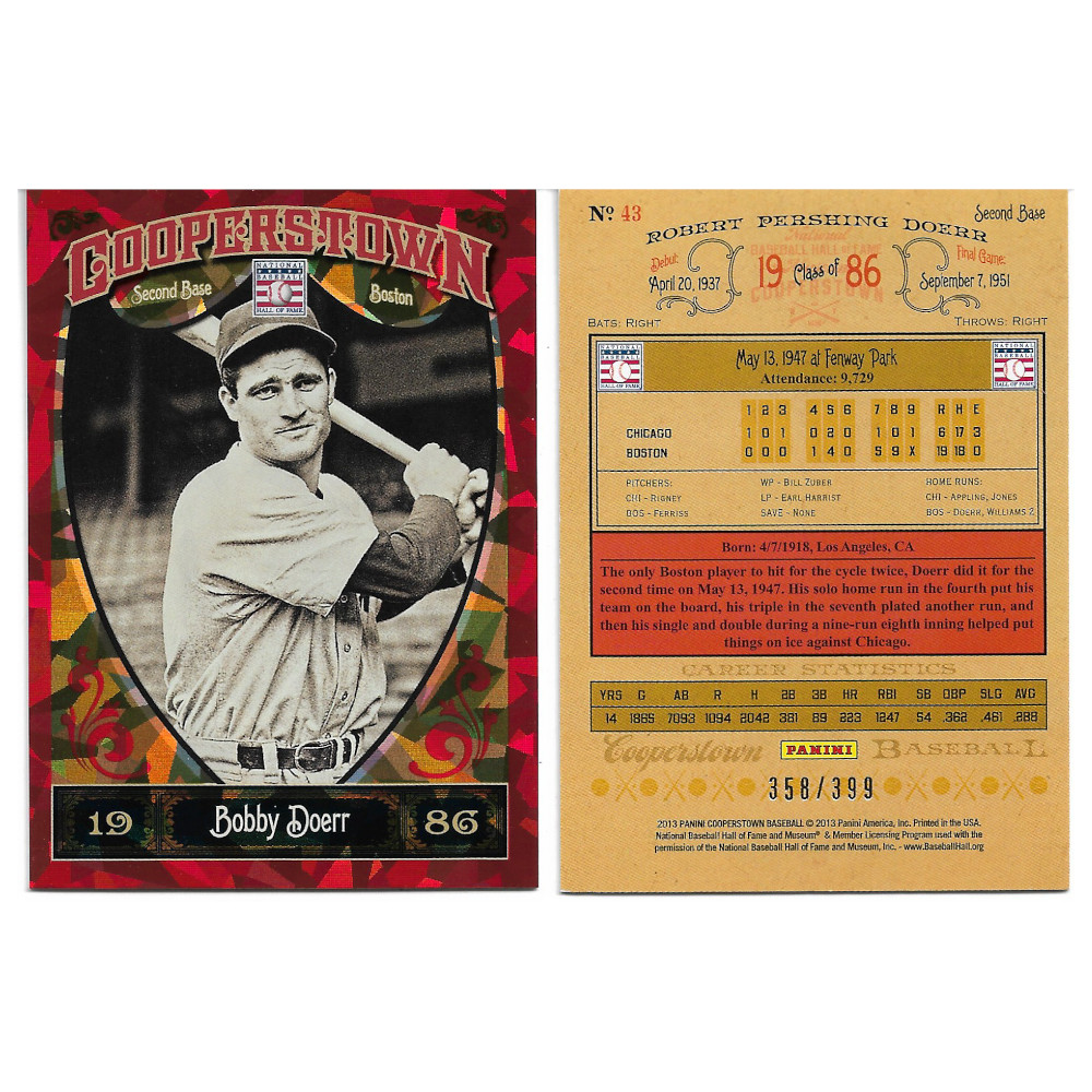 Bobby Doerr 2013 Panini Cooperstown Red Crystal Collection # 43 Baseball Card Ltd Ed of 399 Bobby Doerr 2013 Panini Cooperstown Red Crystal Collection # 43 Baseball Card Ltd Ed of 399