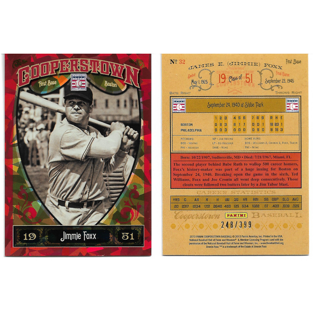 Jimmie Foxx 2013 Panini Cooperstown Red Crystal Collection # 32 Baseball Card Ltd Ed of 399 Jimmie Foxx 2013 Panini Cooperstown Red Crystal Collection # 32 Baseball Card Ltd Ed of 399