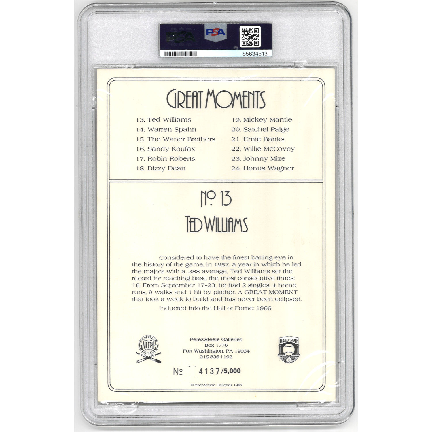 Ted Williams Autographed Perez-Steele Great Moments Jumbo Postcard # 13 (PSA-13)