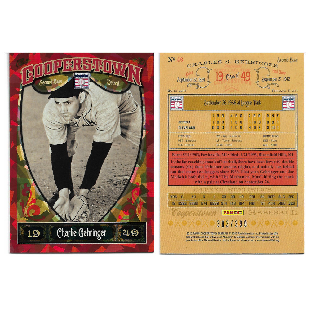 Charlie Gehringer 2013 Panini Cooperstown Red Crystal Collection # 46 Baseball Card Ltd Ed of 399