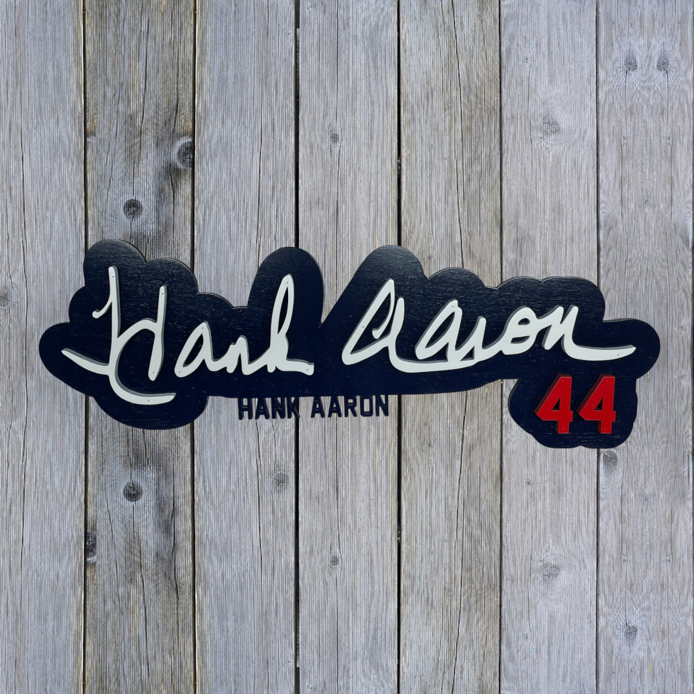 Hank Aaron 3D Signature Navy 20 x 6 Wood Wall Sign with Number Hank Aaron 3D Signature Navy 20 x 6 Wood Wall Sign with Number