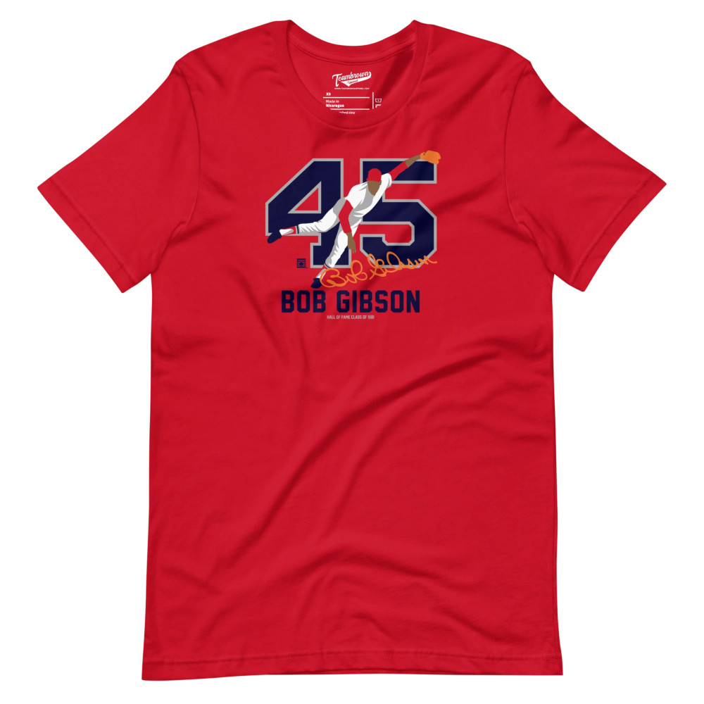 Men’s Teambrown Bob Gibson Baseball Hall of Fame Member Signature Red T-Shirt Men’s Teambrown Bob Gibson Baseball Hall of Fame Member Signature Red T-Shirt