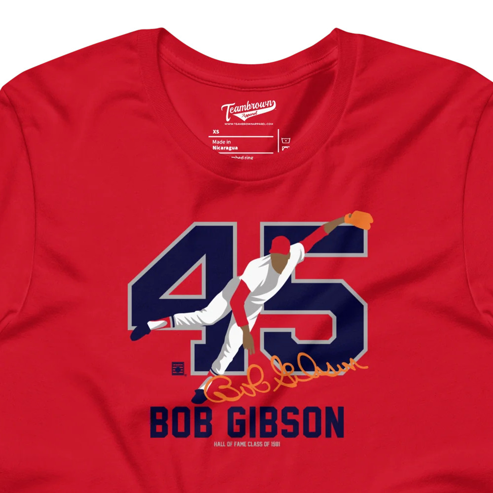 Men’s Teambrown Bob Gibson Baseball Hall of Fame Member Signature Red T-Shirt Men’s Teambrown Bob Gibson Baseball Hall of Fame Member Signature Red T-Shirt