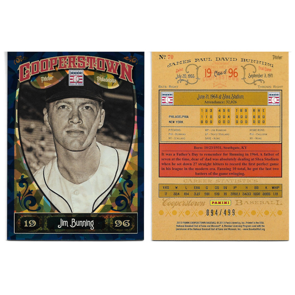 Jim Bunning 2013 Panini Cooperstown Blue Crystal # 70 Ltd Ed of 499