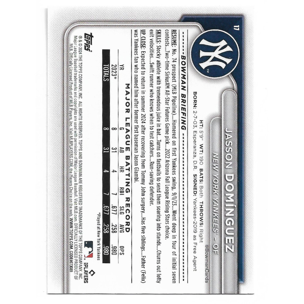 Jasson Dominguez New York Yankees 2024 Bowman # 17 Rookie Card Jasson Dominguez New York Yankees 2024 Bowman # 17 Rookie Card