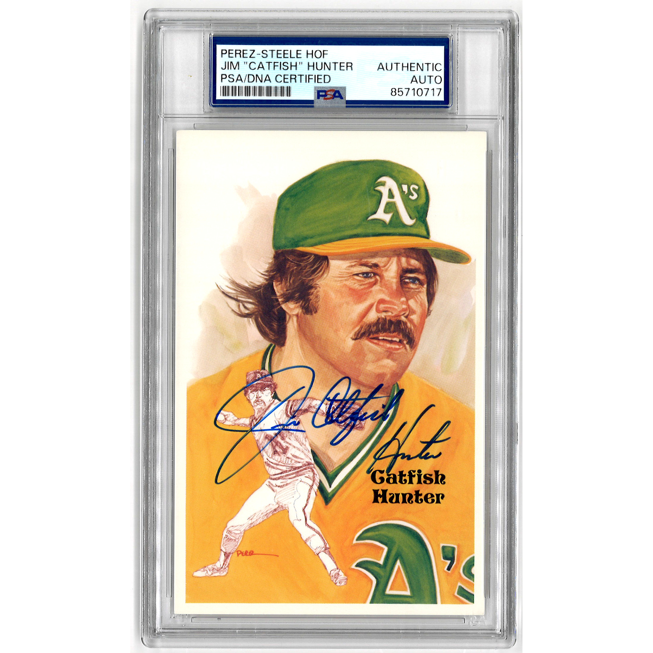 Catfish Hunter Autographed Perez-Steele HOF Series Postcard # 198 (PSA-17)