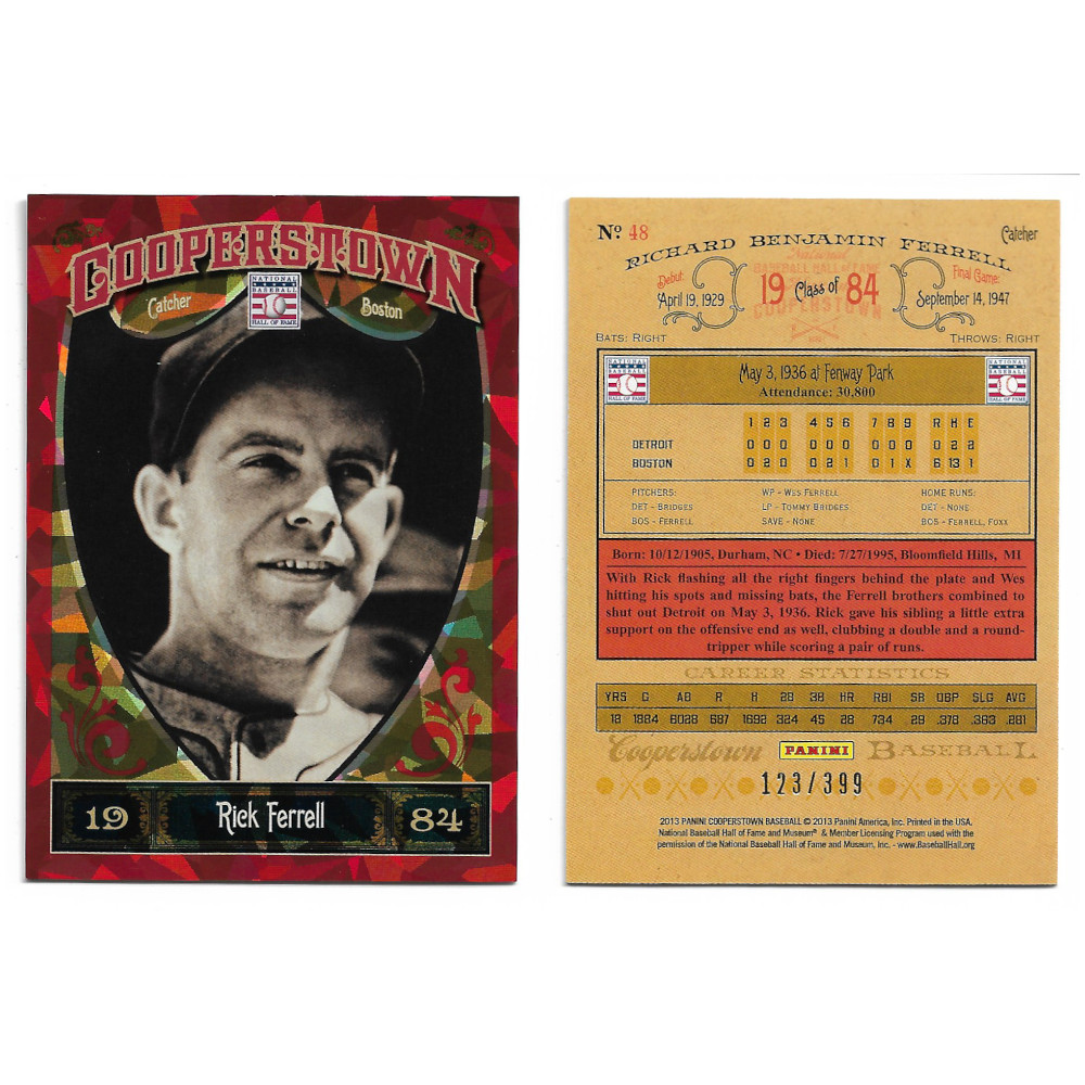 Rick Ferrell 2013 Panini Cooperstown Red Crystal Collection # 48 Baseball Card Ltd Ed of 399