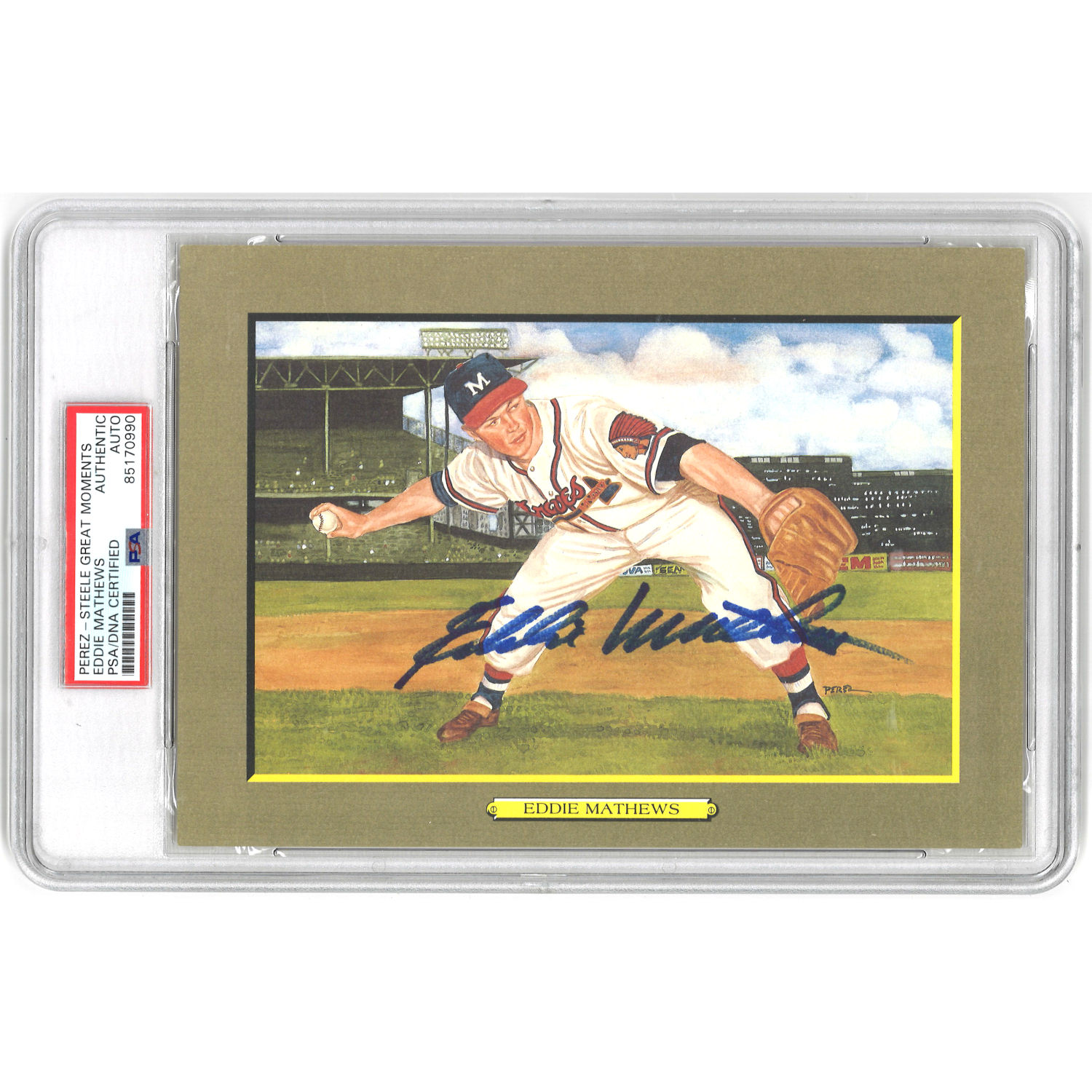 Eddie Mathews Autographed Perez-Steele Great Moments Jumbo Postcard # 28 (PSA-90)