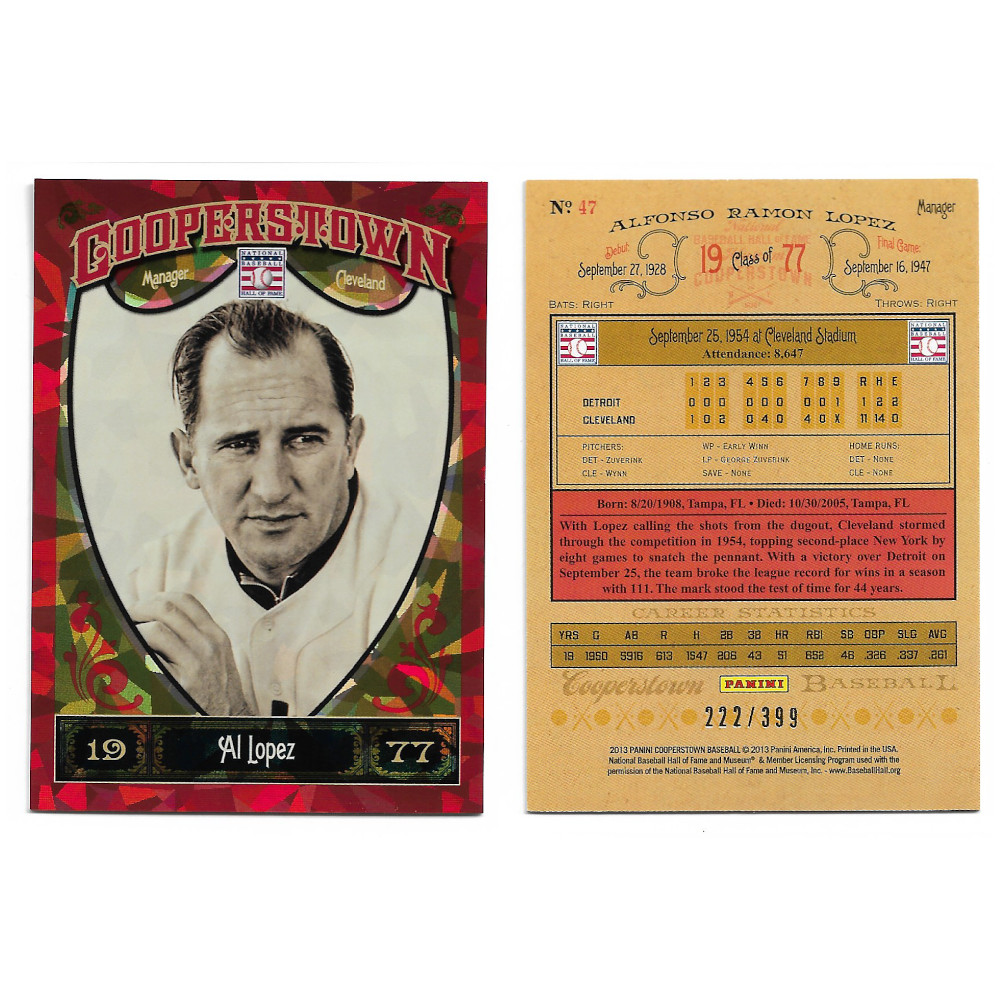 Al Lopez 2013 Panini Cooperstown Red Crystal Collection # 47 Baseball Card Ltd Ed of 399