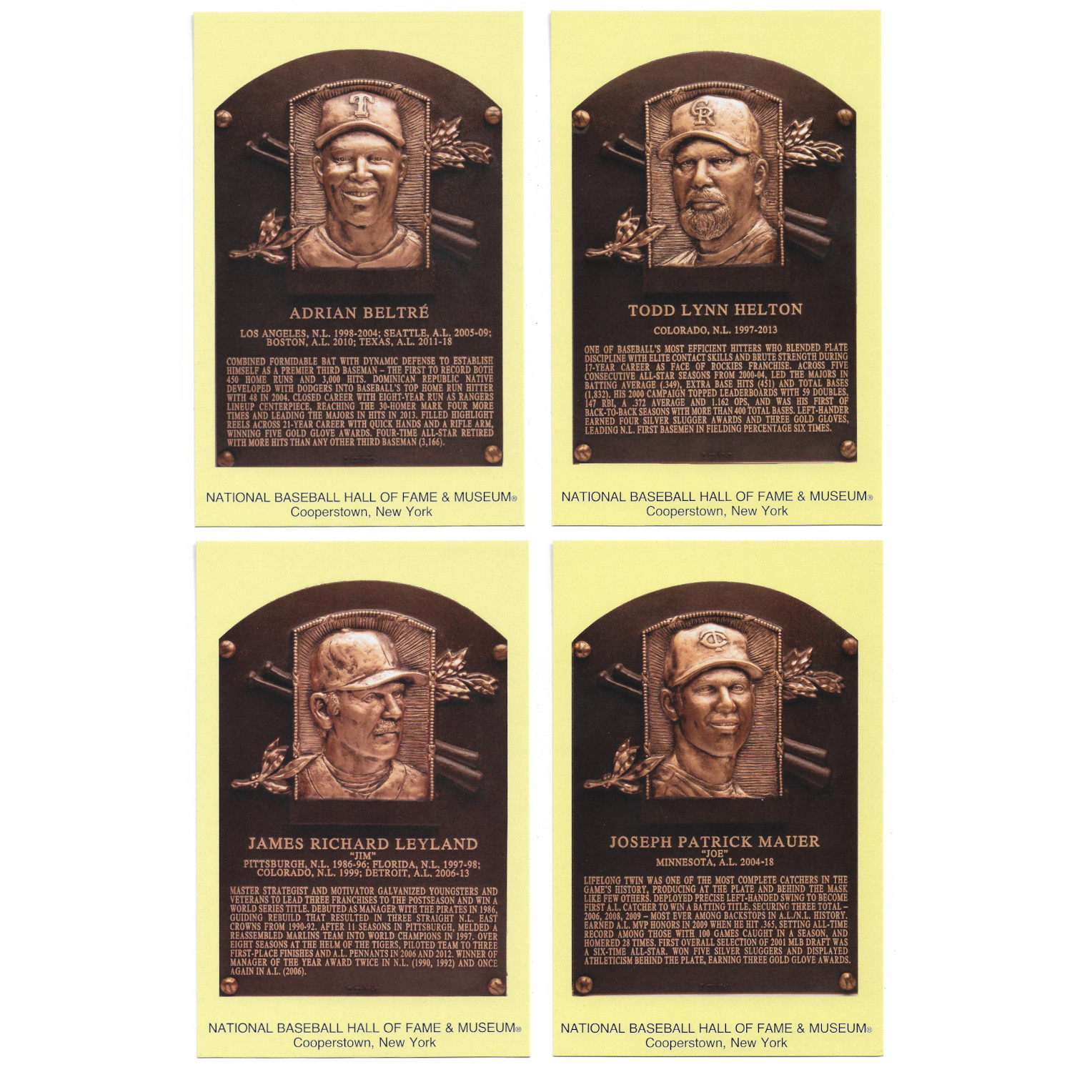 Class of 2024 Baseball Hall of Fame Plaque Postcard Set of 4 (Beltré, Helton, Leyland and Mauer)
