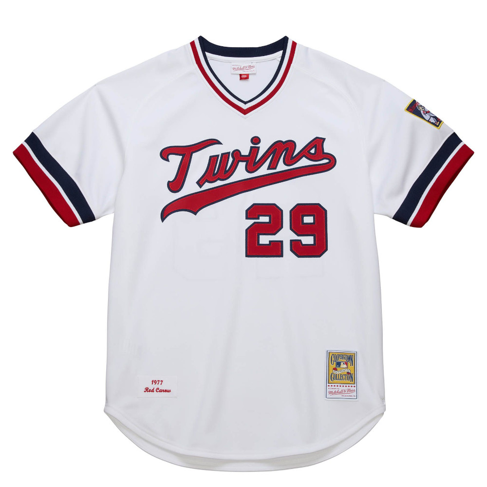 Men’s Mitchell & Ness Rod Carew Minnesota Twins Authentic 1977 White Home V-Neck Jersey