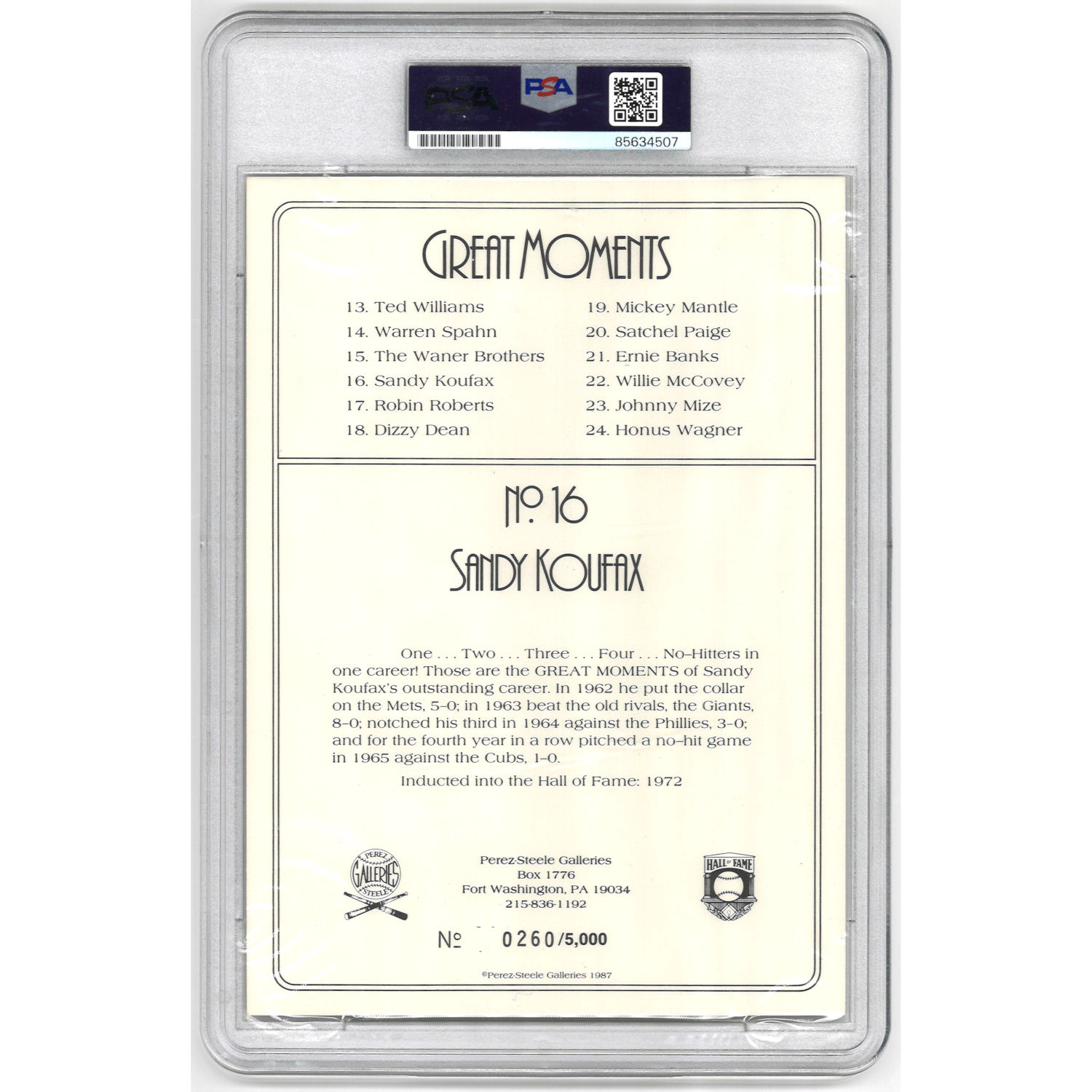 Sandy Koufax Autographed Perez-Steele Great Moments Jumbo Postcard # 16 (PSA-07)