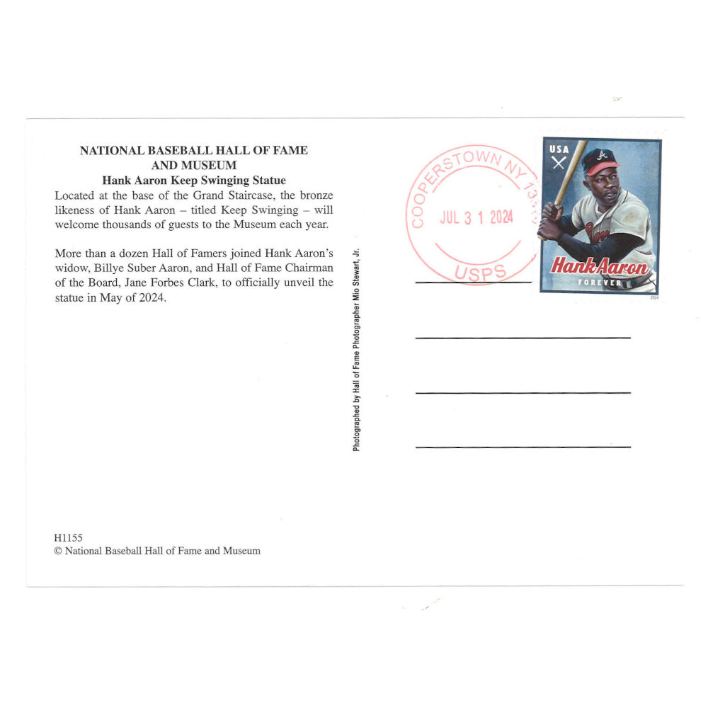 Hank Aaron Keep Swinging Statue Limited Edition Stamped and Cancelled Exclusive Postcard Hank Aaron Keep Swinging Statue Limited Edition Stamped and Cancelled Exclusive Postcard