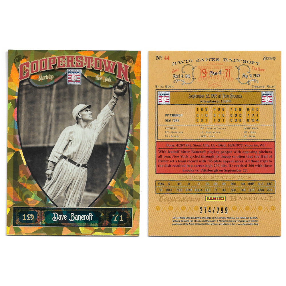 Dave Bancroft 2013 Panini Cooperstown Crystal # 44 Ltd Ed of 299 Dave Bancroft 2013 Panini Cooperstown Crystal # 44 Ltd Ed of 299