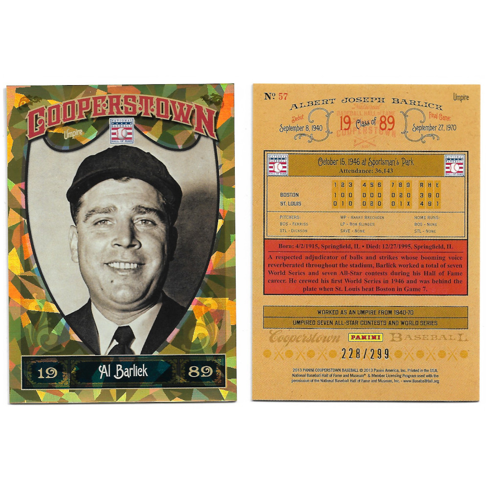 Al Barlick 2013 Panini Cooperstown Crystal # 57 Ltd Ed of 299 Al Barlick 2013 Panini Cooperstown Crystal # 57 Ltd Ed of 299