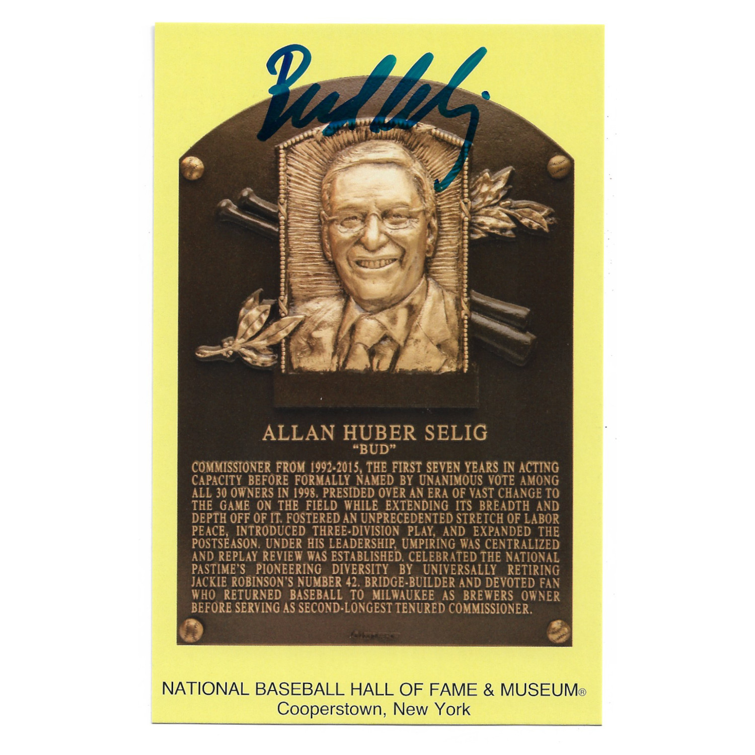 Bud Selig Autographed Hall of Fame Plaque Postcard (JSA-76)